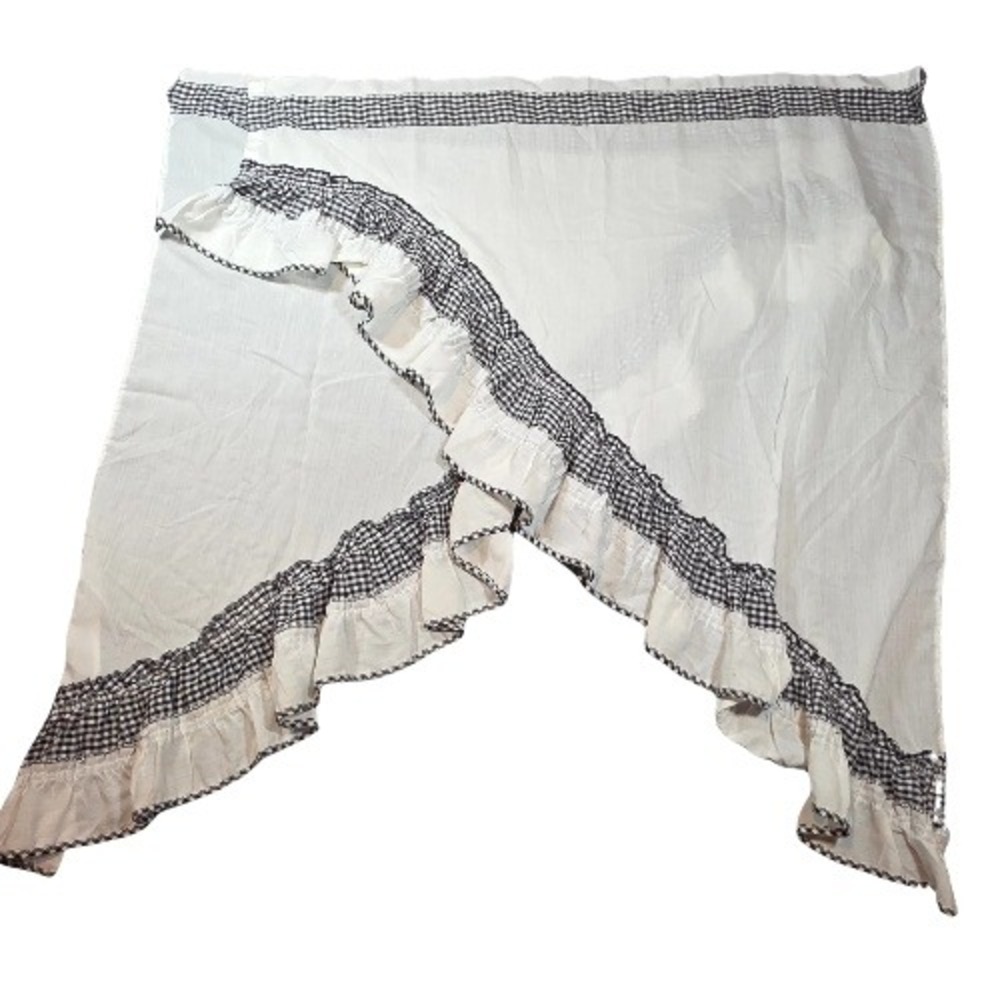 Set Black White Check Cotton Ruffled Swag Valance Gingham Farmhouse Vtg Curtain